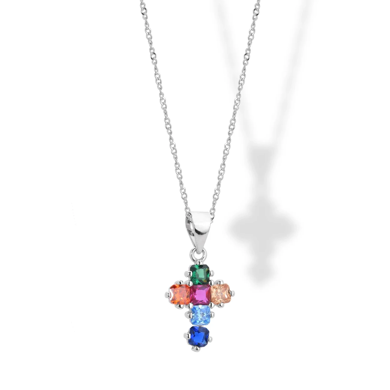 Collana in argento con Croce Pendente con Zirconi Colorati