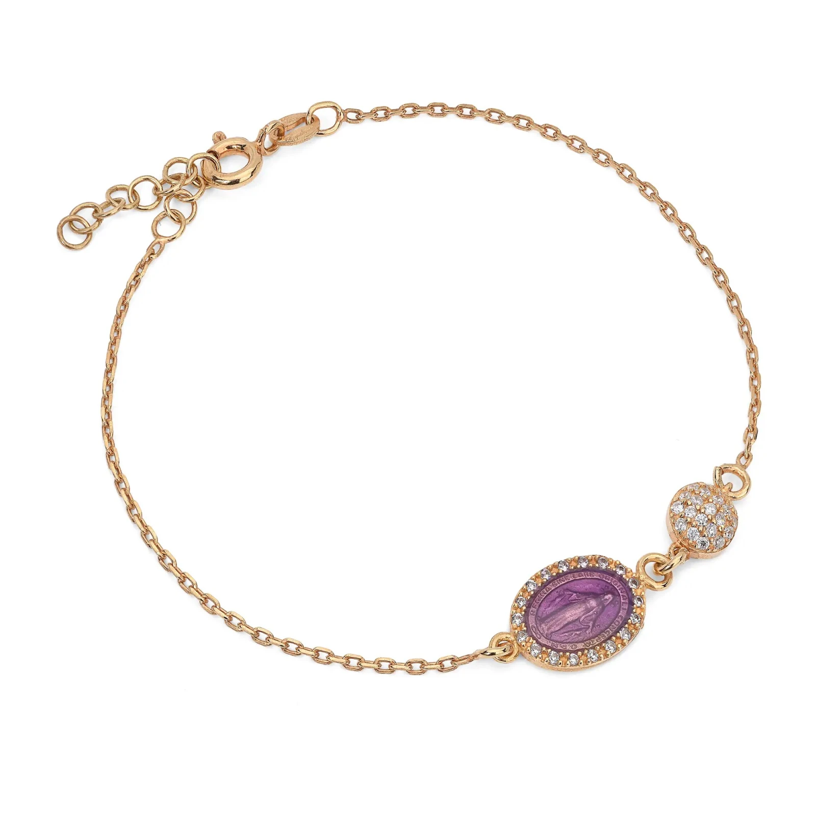 Bracciale in Argento con Immagine Sacra smaltata Viola e Zirconi