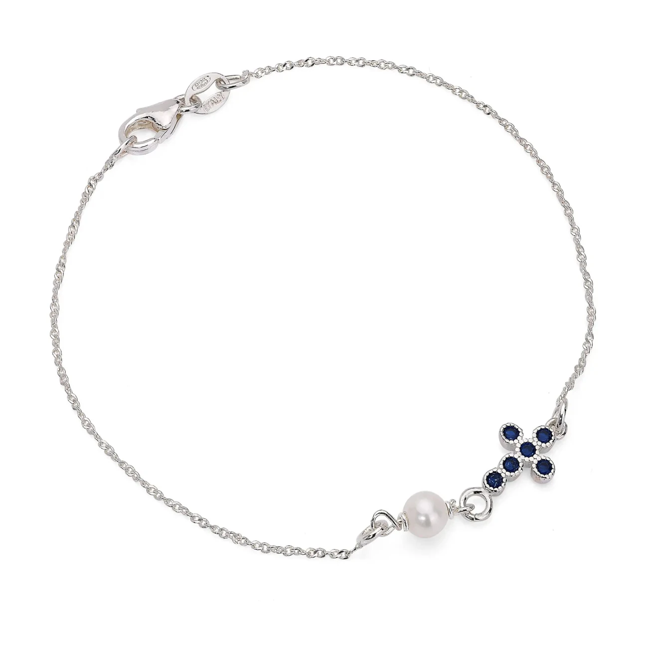 Bracciale in Argento con Elemento Croce con Zircone Blu e Perla