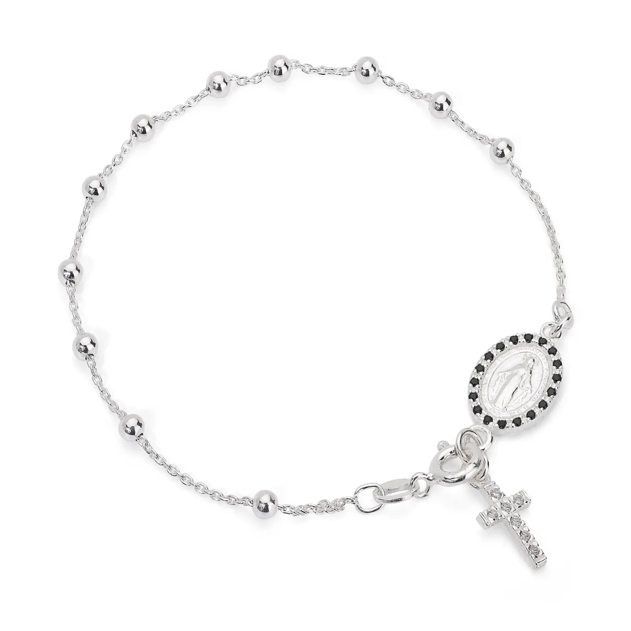 Bracciale in Argento con Croce Pendente e Zirconi Neri