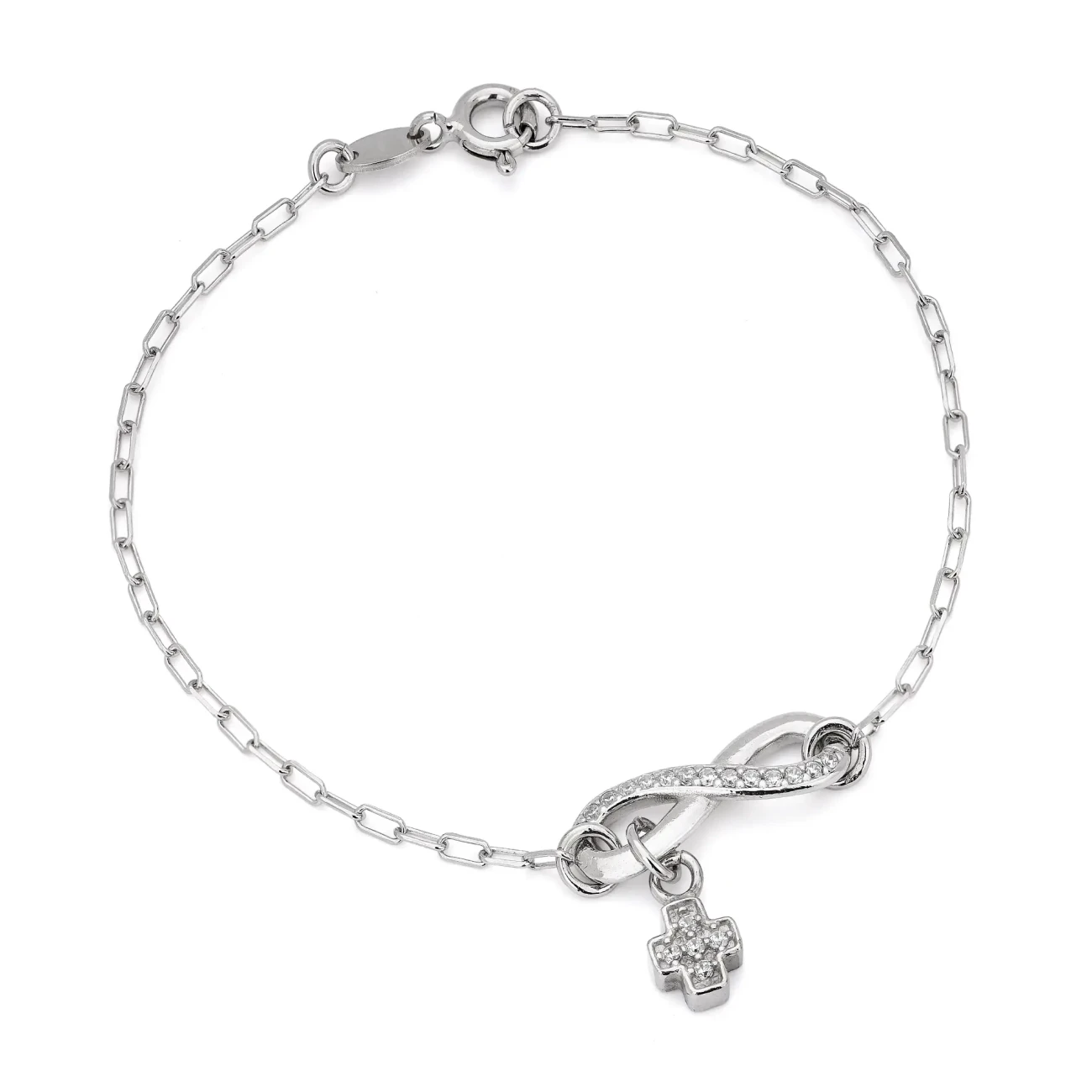 Bracciale in Argento con Elemento Infinito e Croce Zircone.